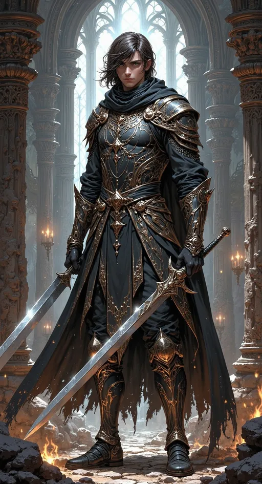 Prompt: ((tall stocky teen man)) as a ((magical knight)) with ((masculine long brown hair)), grey eyes, dressed in ornate grey and brown layered textured revealing knight armor gear, left hand holding ((magic great sword)). he is in battle stance.

grey skies, high contrast lighting, ((wide length camera)), long distance , eye-level shot, left side angle, wide depth of field. film grain, film textures.

Overall feeling of consequence. The background is a high detailed ancient enchanted dark cavern, filled with rock shards.