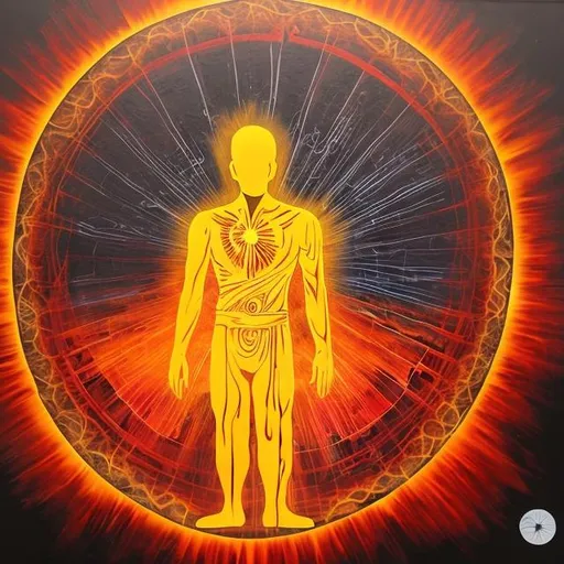 Prompt: super-consciousness style painting, A man's silhouette standing centred and  frontwise with the sun located in the solar plexus representing the force of will covered with a layer of transparent paint