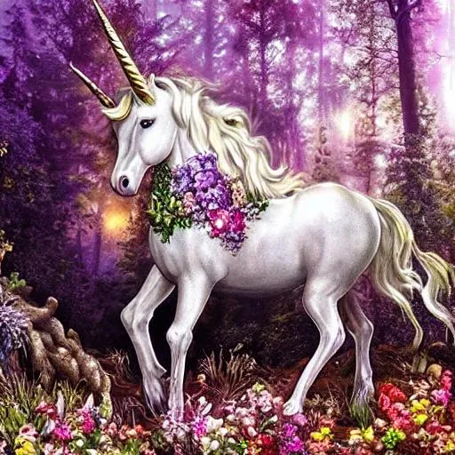 Prompt: Realistic unicorn in a magical forest, very detailed, intricate, masterpiece, stunning, romanticism, flowers
