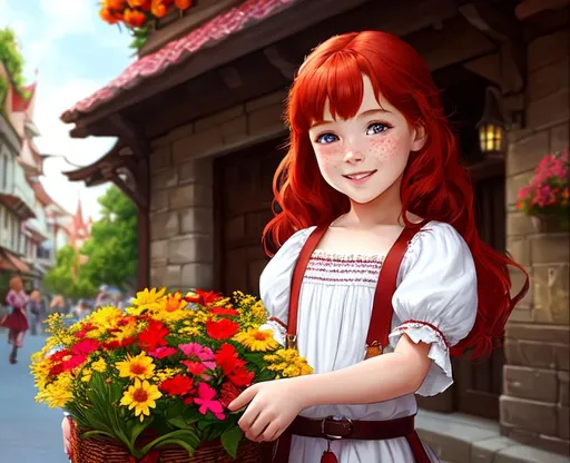Prompt: A happy 8-year-old girl with red hair and freckles selling flowers from a basket on a fantasy street. Medieval Fantasy. High resolution. Character concept art.  Highly detailed, digital painting, trending on artstation, detailed face, realistic face, smooth, sharp focus, realistic body proportions, illustration art by Stanley Lau