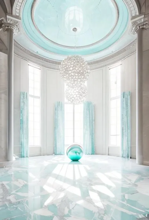 Prompt: a tiffany blue ball room with light coming in from tall windows. Everything is luxury and includes silver accents