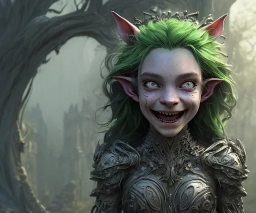 Prompt: /imagine prompt: Character Design, portrait of beautiful young female goblin druid, long black hair, dark ska, green eyes, happy smile, wearing silver scale armor, intricate detail, stunning, photorealistic, cel shading, vivid colors, unreal engine, octane render, ultra detailed, volumetric light, hdr, fantasy, 4k, 8k:: horror::1 candlelight::1 telephoto lens::1 360 panorama::1 yayoi kusama::1 brown color::1 slime::1 --v 4 --quality 2 --stylize 1000
