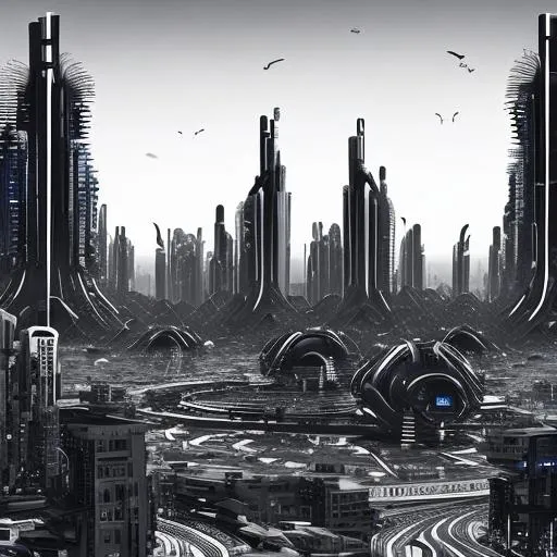 Prompt: future city, in Afrika, rounded and spikey architecture, sunset, black and white, cyber punk