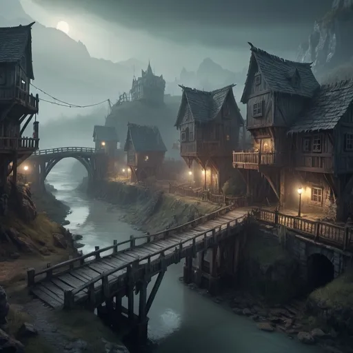 Prompt: warhammer fantasy rpg style Dramatic  settlement scene, eerie atmosphere, weathered textures, foggy, bridge and river, cinematic lighting, small settlement, atmospheric, high quality, detailed, fantasy, dramatic lighting, foggy atmosphere, scenic bridge, mystical river, settlement details, fantasy art style, cool tones