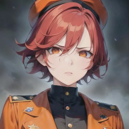 Prompt: (masterpiece, illustration, best quality:1.2), portrait, mad expression, mature look, death stare, eye bags under eyes, short pixie style red hair, orange eyes, wearing decorated soldier's uniform, wearing commanders hat, best quality face, best quality, best quality skin, best quality eyes, best quality lips, ultra-detailed eyes, ultra-detailed hair, ultra-detailed, illustration, colorful, soft glow, 1 girl