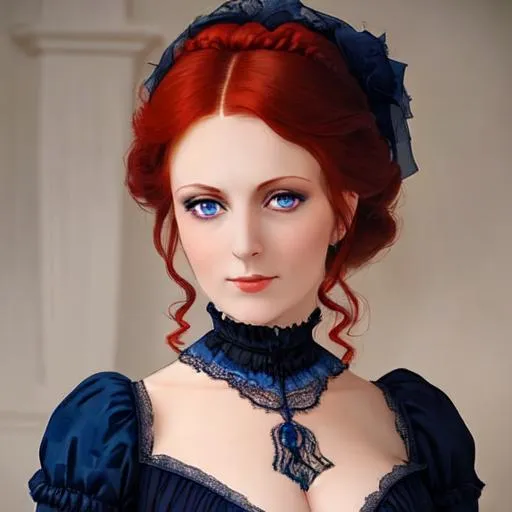 Prompt: beautiful Victorian woman with red hair and dark blue eyes wearing a dark blue gown,facial closeup