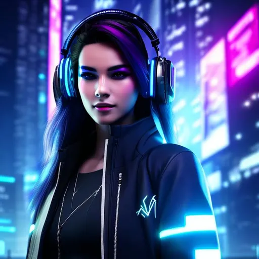 Prompt: cyberpunk hacker female, colored hair, headphones, neon lights, cyberpunk city, highly detailed, professional, render, Sharp focus, HD, UHD, HDR, hyperrealistic 