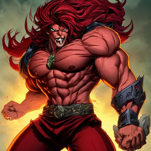 Prompt: Pronouns: He/Him
Gender: Male
Height: 6'2" (188 cm)
Body Type: Muscular and Toned
Nationality: American

Appearance Info:
Crimson Shredder is a striking character, with fiery red hair that flows down to his shoulders, matching his intense, crimson eyes. He has a rugged appearance, often seen wearing a leather jacket adorned with patches and spikes. His tattoos, inspired by flames and guitars, cover his arms and add to his rebellious aura. He's rarely seen without his electric guitar, which is custom-built with a brutal, jagged design, complementing his intense style.
