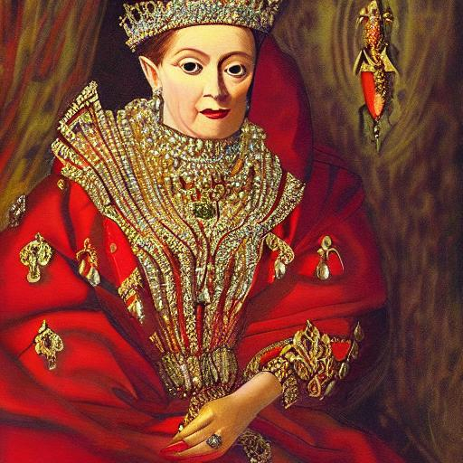 A Painting Of A Queen Wearing A Red And Gold Dress A