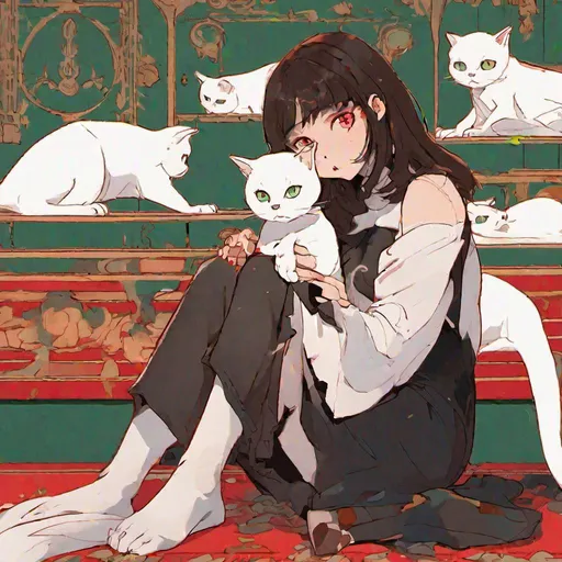 Prompt: a photo of a young human woman with shoulder length brown hair sits facing forward with her legs dangling over the edge of the red and gold lit stage, staring sadly into her lap as a transparent ghost cat approaches her from her left and touches her arm with his paw. he's a ghost and his colors are black and white like cow pattern with green eyes. high resolution, 100k, UHD