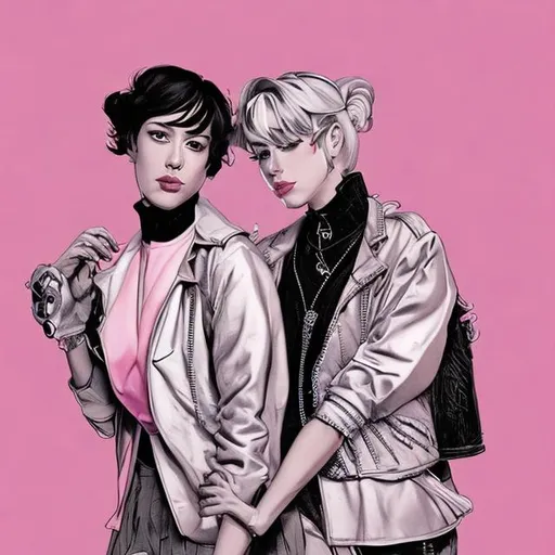 Prompt: Cover for a music album - for 2 sapphic lovers pink silver genderfluid