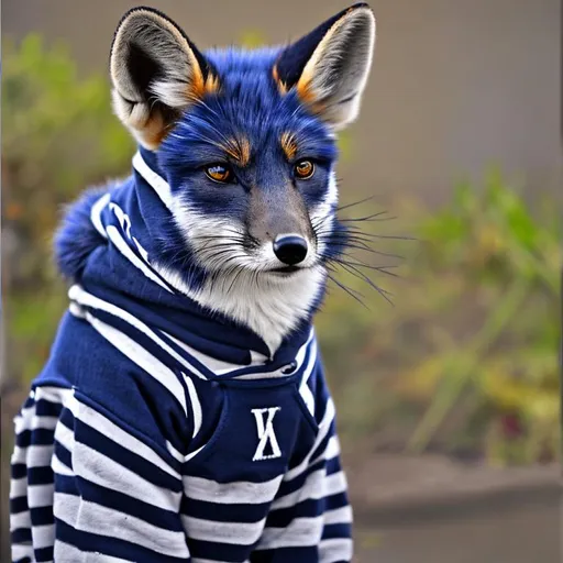 Prompt: Really dark blue anthropomorphic fox, white chest and front paws, grey stipes on hind legs and tail, white tips on his ears, human look and standing upright, wearing a black hoodie, oil painting, realistic