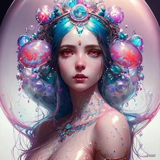 Prompt: Insanely detailed photograph of An elaborate beautiful bubble woman goddess glossy lipstick intricate glistening skin face bright eyes prismatic jelly blue pink clear dress long hair hyperdetailed painting by Ismail_Inceoglu Tom Bagshaw Dan Witz CGSociety ZBrush Central fantasy art 4K, bubbles in background digital painting, digital illustration, extreme detail, digital art, ultra hd, vintage photography, beautiful, tumblr aesthetic, retro vintage style, hd photography, hyperrealism, extreme long shot, telephoto lens, motion blur, wide angle lens, deep depth of field, warm, anime Character Portrait, Symmetrical, Soft Lighting, Reflective Eyes, Pixar Render, Unreal Engine Cinematic Smooth, Intricate Detail, anime Character Design, Unreal Engine, Beautiful, Tumblr Aesthetic,  Hd Photography, Hyperrealism, Beautiful Watercolor Painting, Realistic, Detailed, Painting By Olga Shvartsur, Svetlana Novikova, Fine Art