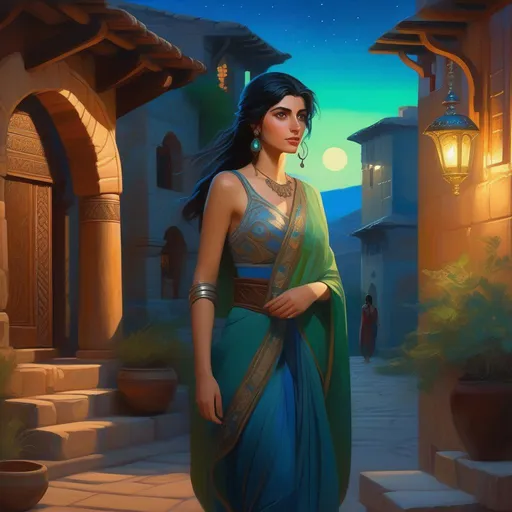 Prompt: Third person, gameplay, ancient Armenian girl, pale skin, black hair, green eyes, blue atmosphere, Urartu at night, cartoony style, extremely detailed painting by Greg Rutkowski and by Henry Justice Ford and by Steve Henderson 