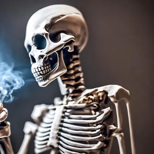 Prompt: a skeleton smoking while pointing a camera at you