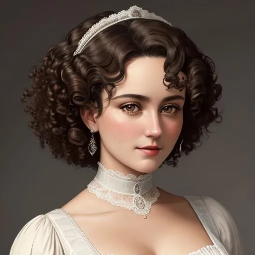 Prompt: An attractive 35 year old woman with very curly hair, elegant, Victorian era, 19th century, facial closeup