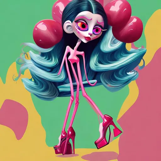 Prompt: Beautiful alien girl with big eyes and long eye lashes, big lips, long hair, wearing designer clothes and holding a Burlington purse, pop art, cinematic, simple background, wearing high heels and has long legs, athletic, smooth skin, photorealistic 