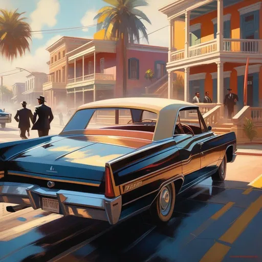 Prompt: Mafia III, car chase, cops, cartoony, sunny atmosphere, extremely detailed painting by Greg Rutkowski and by Henry Justice Ford and by Steve Henderson