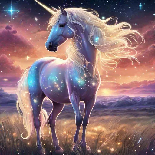 Prompt: A kawaii nebula translucent palomino friesian unicorn that is glowing,  in the grasslands, sunrise, beneath the stars, bioluminescent, highres, best quality, concept art