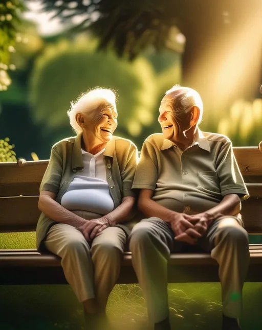 Prompt: A smiling elderly couple sits close together on a wooden bench surrounded by lush green nature. Wrinkled faces, Golden rays of sunshine light their faces. Shot on Fujifilm X-T4 with 56mm lens. Loving, nostalgic, heartwarming. ,(texture map) ,(normal map),(specular map) ,(displacement map)