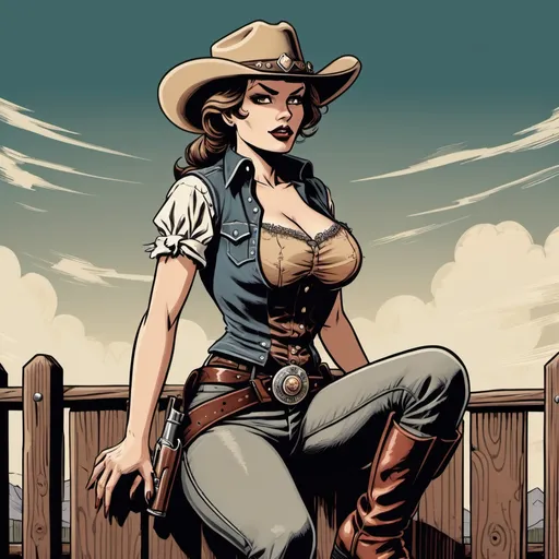 Prompt: A sassy saloon girl sitting on a fence, six shooter in holster, wearing a cowboy hat, landfields, detailed, dark colors, dramatic, graphic novel illustration,  2d shaded retro comic book