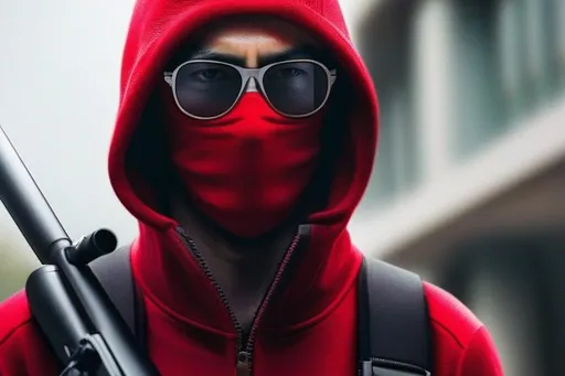 Prompt: A man from The Walking Dead, with black glasses, wearing a red sweatshirt with black stripes and a black balaclava, with a sniper rifle, walking, background zombie apocalypse, Hyperrealistic, sharp focus, Professional, UHD, HDR, 8K, Render, electronic, dramatic, vivid, pressure, stress, nervous vibe, loud, tension, traumatic, dark, cataclysmic, violent, fighting, Epic