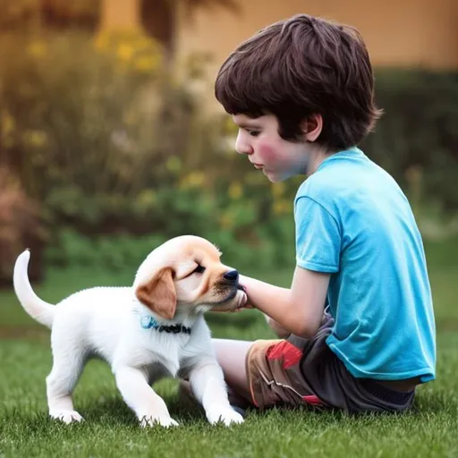 Prompt: a boy training a puppy
