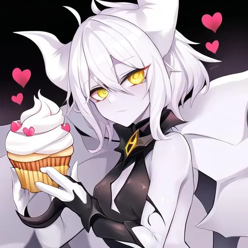 Prompt: Your OC is a small-framed nightmare oryx, with warm white eyes. They identify as demigirl, and have a gravelly voice. As an accessory, they have gloves, and they can be seen holding a cupcake.