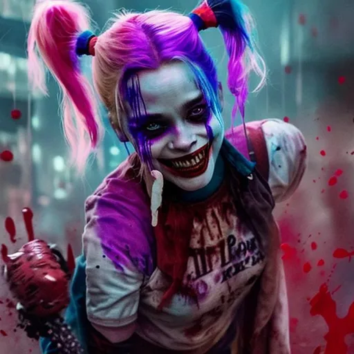 Prompt: Harley Quinn dancing and smiling in blood rain with her baseball bat and the Joker's head in one hand with smeared makeup, 64k, cinematic, realistic, vivid, UHD, Halloween Theme, soft grade, sharp, spooky, background smoke lime green and purple
