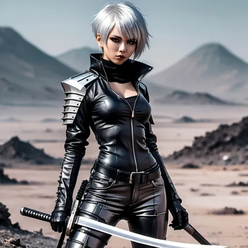 Prompt: Anime cyberpunk style, silver short hair and silver color eyes, black shiny leather pants and long boots, long ancient katana, background wastlands.