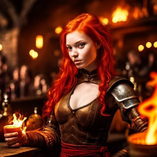 Prompt: a female fire mage with red hair is at the bar in a medieval tavern