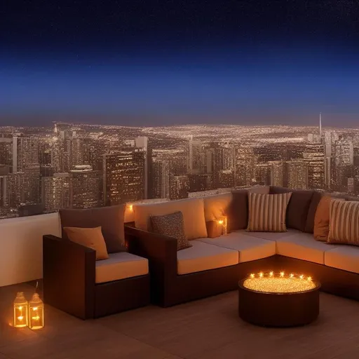 Prompt: cozy rooftop with fairy lights and patio furniture, candles on tabletops, cityscape in the background, starry skies, sharp focus, telephoto lens, 8k resolution