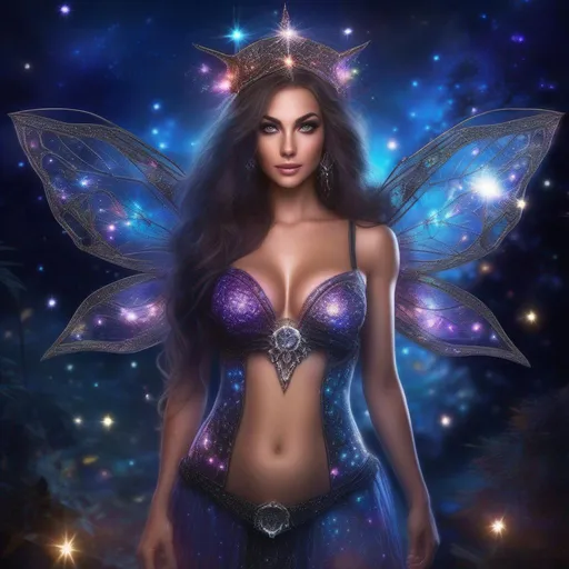 Prompt: A complete body form of a stunningly beautiful, hyper realistic, buxom woman with incredible bright eyes wearing a sparkling, glowing, skimpy, natural, flowing, sheer, fairy, witches outfit on a breathtaking night with stars and colors with glowing, detailed sprites flying about