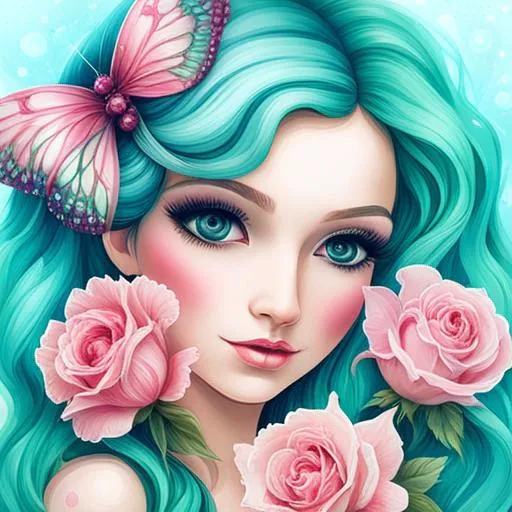 Prompt:   a fairy goddess, shades of  aqua blue and pink, roses, closeup