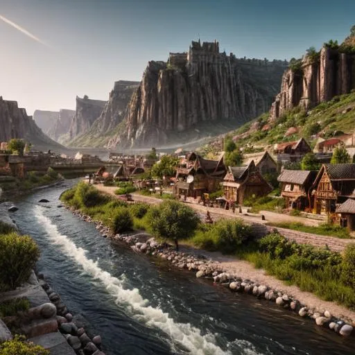 Prompt: Fantasy town along the river, one side only, panoramic picture, landscape, photo realistic, intricate details, open plains, no mountains
