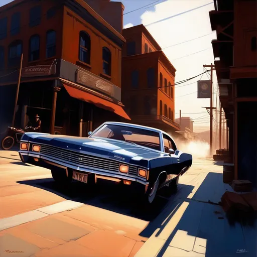 Prompt: Mafia III, car chase, industrial area, cartoony, navy blue atmosphere, extremely detailed painting by Greg Rutkowski and by Henry Justice Ford and by Steve Henderson