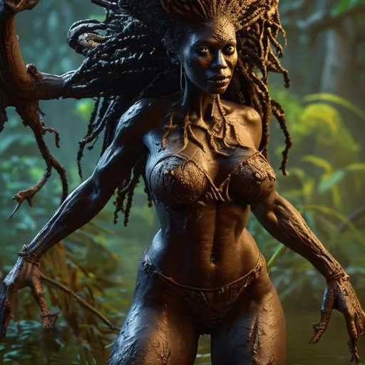 Prompt: full body voodoo swamp goddess highly detailed body and face dark cinematic 8K in the style of frank frazetta
