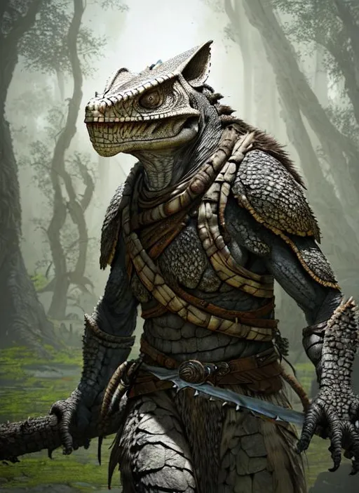 Prompt: perrealistic mixed media image of a Elder argonian white elder scrolls, wearing shamanic primitive clothing, with rustic camouflage details, stunning 3 d render inspired art by greg rutkowski and xiang duan and thomas eakes, perfect facial symmetry, flesh texture, realistic, highly detailed attributes and atmosphere, dim volumetric cinematic lighting, 8 k octane detailed render, post - processing, masterpiece,