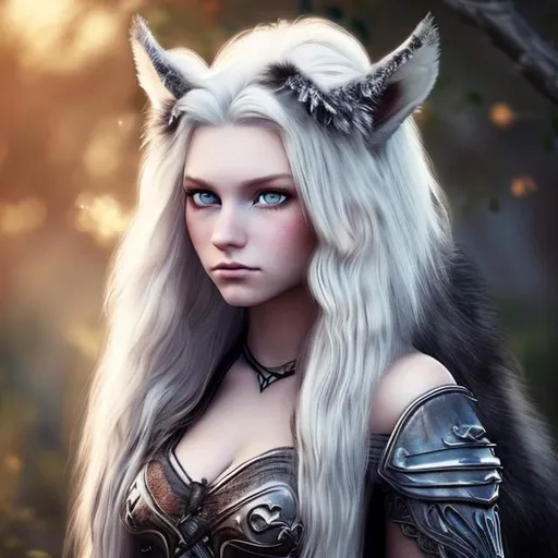 Prompt: Warrior princess, white long hair, beautiful simetrical face with bright blue eyes and wolf ears. Age around 30, soft light, realistic 