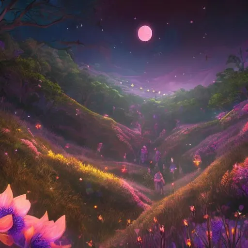 Prompt: A hill with a glowing river and flowers and magical creatures under the moonlight