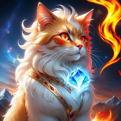 Prompt: remove hair, champion cat with {shiny gold fur} and {ruby red eyes}, young female cat prodigy, fire element, flame, frost, ice element, Erin Hunter, gorgeous anime portrait, beautiful cartoon, 2d cartoon, beautiful 8k eyes, elegant {red fur}, glossy sheen fur, pronounced scar on chest, fine oil painting, modest, gazing at viewer, beaming red eyes, glistening red fur, low angle view, zoomed out view of character, 64k, hyper detailed, expressive, timid, graceful, beautiful, expansive silky mane, deep starry sky, golden ratio, precise, perfect proportions, vibrant, standing majestically on a tall crystal stone, hyper detailed, complementary colors, UHD, HDR, top quality artwork, beautiful detailed background, unreal 5, artstaion, deviantart, instagram, professional, masterpiece