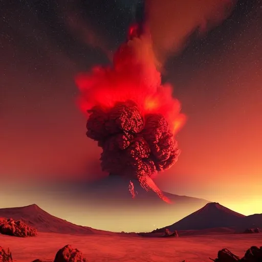 Prompt: Create a realistic picture of a volcano erupting on a different planet, add a red aurora to the sky and a little red haze