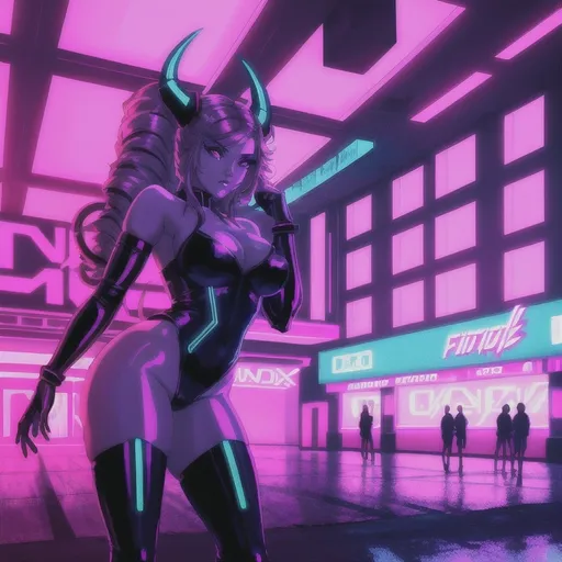 Prompt: a beautiful female demon in a dynamic pose in a retro futuristic synthwave cyberpunk neon paradise.  neon lighting, high quality, beautiful, masterpiece, artistic, synthwave, cyber, retro, futuristic