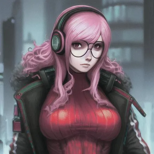 Prompt: Russian woman, perfect body, headphones, cyberpunk, large glasses, strawberry hair, perfect face, strong features