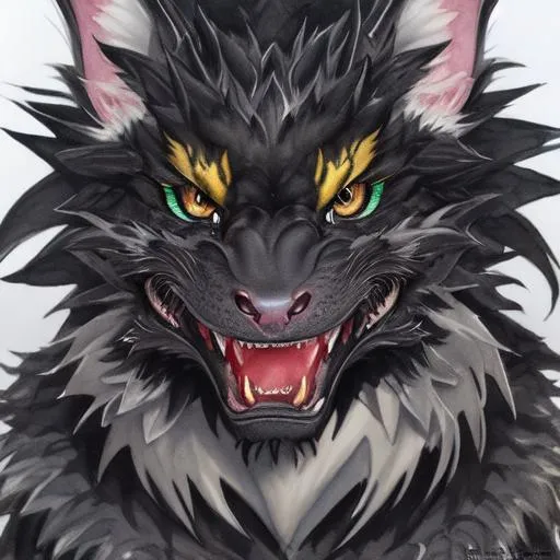 Prompt: portrait of a roaring furry jet black dragon with fangs and iridescent black markings and a cute face, perfect composition, watercolor on paper with pencils, hyperrealistic, super detailed, 8k, high quality, trending art, trending on artstation, sharp focus, studio photo, intricate details, highly detailed