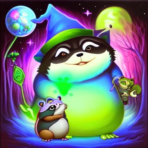 Prompt: fantasy oil painting ((((fat Wizard raccoon holding a frog)))) ((fluffy)) ((neon)) ((cosmos)) ((magical)) 