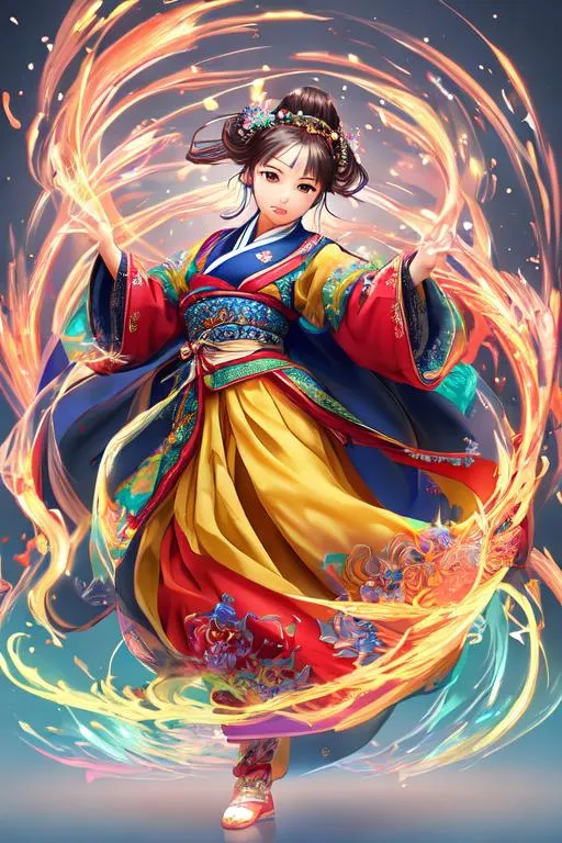 Prompt: masterpiece intricate best quality elaborate ultra realistic hanbok girl, dancing, dynamic pose,

cinematic light,

sand canvas colorful ink painting, fluidity light floating in the air,

album cover art, 128K resolution, masterfully crafted, hyperdetailed 2D vector concept art picture, vector, illustration, character concept, 2D fantasy concept art style, heroic fantasy art,

Carne Griffiths, Conrad Roset,