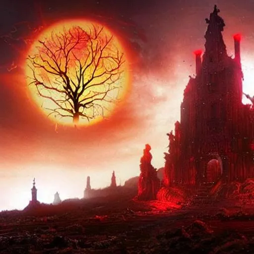 Prompt: Elden Ring world with the World Tree with glowing a yellow and red hue in the background and a decaying castle in the foreground and all of this overseeing the world of Eldenring zoomed out, with a gothic art style
