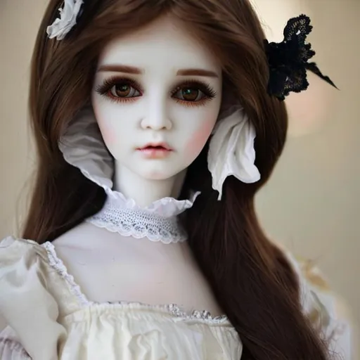 Prompt: Woman turned into a porcelain doll, wearing a victorian dress.