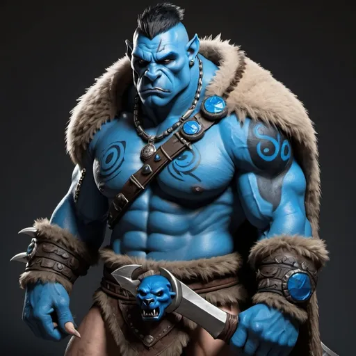 Prompt: Muscular Half-Orc Barbarian with black mohawk haircut and a huge blue bear tribal tattoo on his right shoulder. Wears a blue bear skin cloak and bear-claw necklace, holding a massive double-headed axe